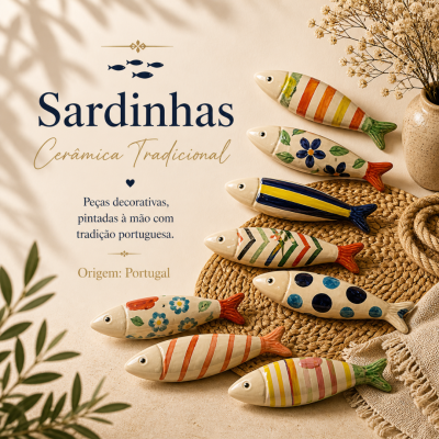 Sardinhas de cerâmica tradicional pintadas à mão com vários padrões coloridos numa apresentação decorativa.