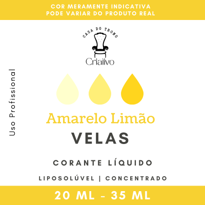 Imagem promocional com gotas amarelas, texto sobre corante líquido lipossolúvel para velas em amarelo limão, uso profissional.