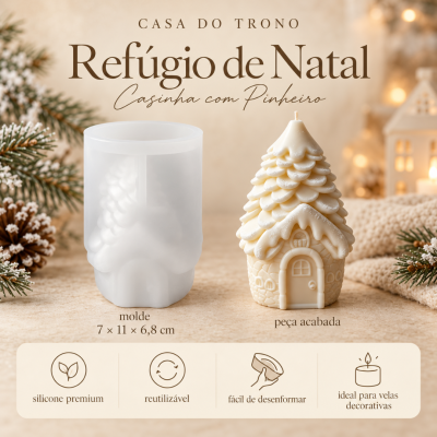 Molde de silicone para vela e vela acabada em forma de casinha com pinheiro de cor creme