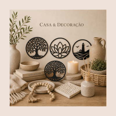 Painéis decorativos em metal preto com vasos em cerâmica bege, vela, difusor e elementos de decoração rústica