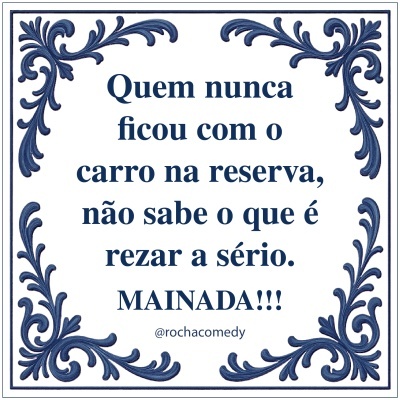 Texto humorístico em português com moldura decorativa azul em fundo branco