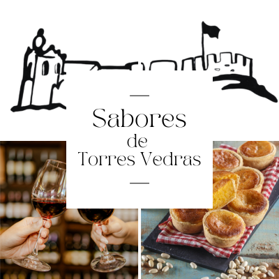 Ilustração de castelo com texto Sabores de Torres Vedras, vinho tinto em copos e pastéis dourados num tabuleiro