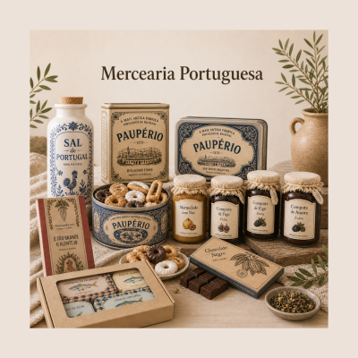 Produtos alimentares tradicionais portugueses em embalagem vintage e natural, com texto Mercearia Portuguesa ao fundo.