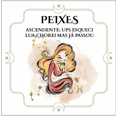 Ilustração colorida de personagem feminina com texto sobre signo Peixes e ascendente em moldura decorativa.