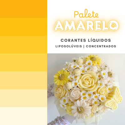 Paleta de corantes amarelos e bouquet de flores artificiais amarelas e brancas