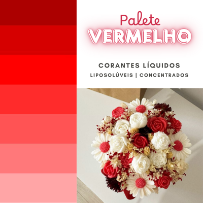Paleta de tons vermelhos com texto e bouquet de flores artificiais