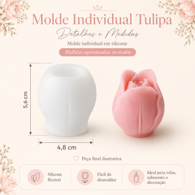 Molde individual de silicone branco para tulipas rosas com medidas e proposta para decoração