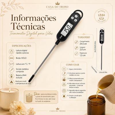 Termómetro digital para velas Casa do Trono com sonda metálica e ecrã digital mostrando temperatura
