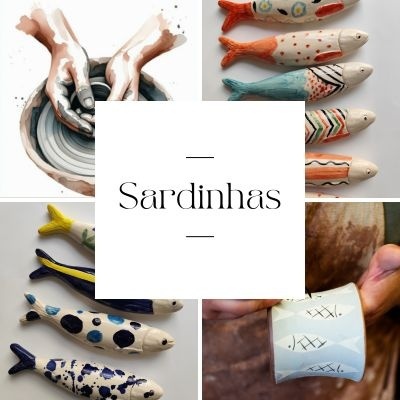 Sardinhas decorativas em cerâmica coloridas e caneca com peixe desenhado, mãos moldando argila