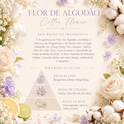 Descrição da fragrância Flor de Algodão com pirâmide olfativa e flores decorativas