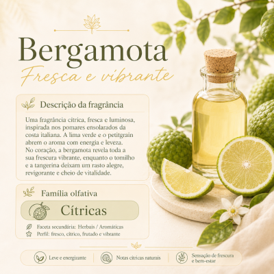 Fragrância Bergamota em garrafa de vidro com frutos de bergamota e folhas verdes ao redor
