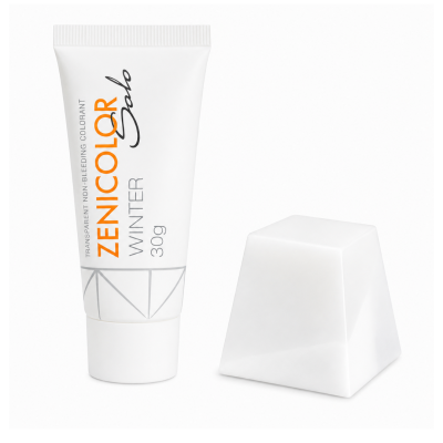 Tubo branco de cosmético ZENICOLOR WINTER 30g com tampa branca trapezoidal.