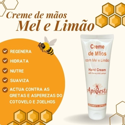 Creme de mãos Apiqeste com mel e limão, embalagem branca e detalhes em laranja, com desenhos de colmeias no fundo.