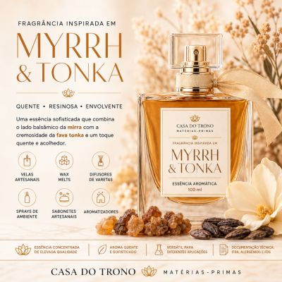 Frasco de fragrância Myrrh & Tonka Casa do Trono em vidro com líquido âmbar e fita dourada
