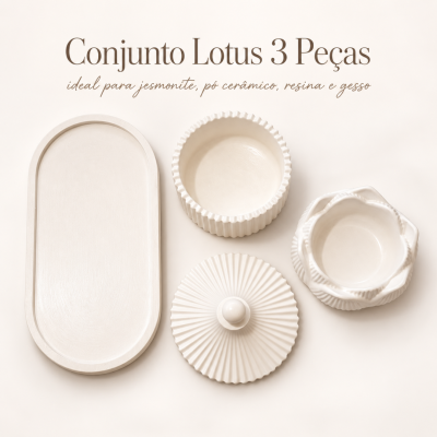 Conjunto Lotus 3 peças de cor clara com bandeja oval lisa, tigela canelada e tampa texturizada, em fundo branco
