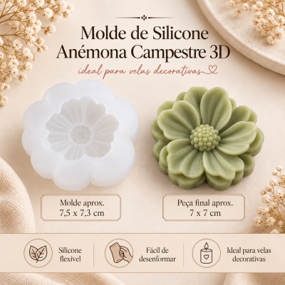 Molde de silicone branco em forma de flor anémona e peça final verde em 3D para velas decorativas