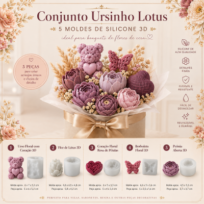 Imagem de conjunto de moldes de silicone 3D para flores e ursinho em arranjo decorativo