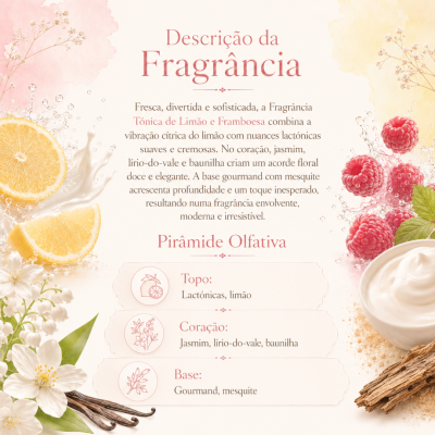 Descrição da fragrância com texto e imagens de ingredientes como limão, framboesa e flores