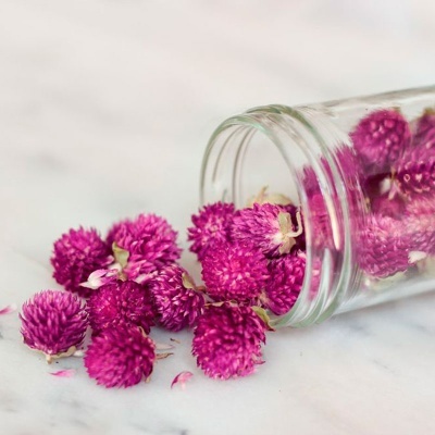 Flores secas roxas saindo de um frasco de vidro sobre superfície branca