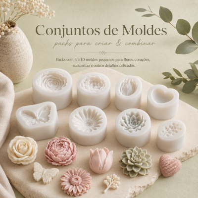 Conjunto de moldes para flores e detalhes delicados com figuras em creme, rosa e verde, sobre superfície bege clara