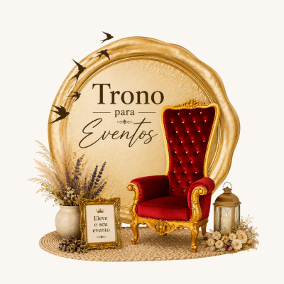 Cadeira trono vermelha e dourada com decoração floral e candeeiro