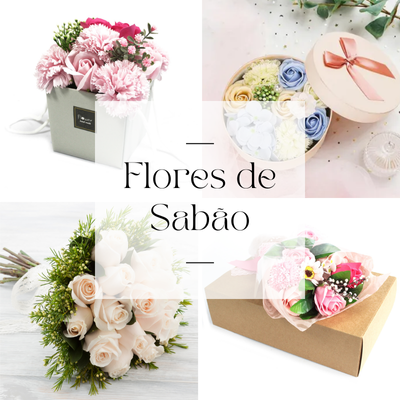 Flores artificiais de sabonete em diferentes caixas e arranjos coloridos