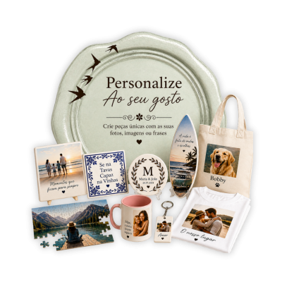 Produtos personalizáveis com fotos e textos variados incluindo placas, puzzle, caneca, chaveiro, t-shirt e sacola de pano