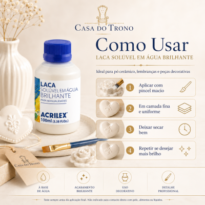 Frasco de laca solúvel em água brilhante Acrilex com pincel e peças decorativas brancas