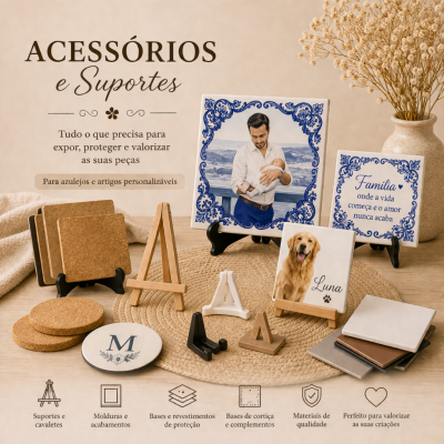 Acessórios e suportes para azulejos e artigos personalizáveis com suportes diversos, bases de cortiça e azulejos decorados num ambiente neutro e decorativo