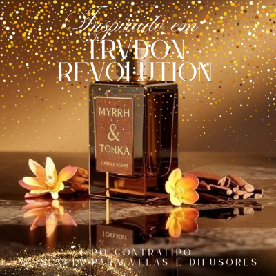 Frasco castanho de essência Myrrh & Tonka com flores e paus decorativos