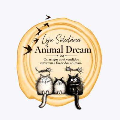 Etiqueta redonda com texto Loja Solidária Animal Dream e desenhos de pássaros e gatos
