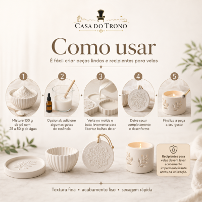 Passos para fazer velas com pó branco, água e essência usando moldes de cerâmica branca da Casa do Trono.
