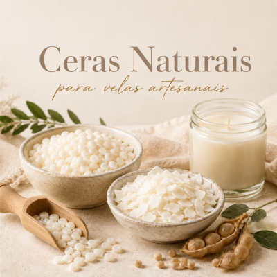 Cera natural para velas artesanais em tigelas cerâmicas com vela em frasco de vidro e elementos naturais.