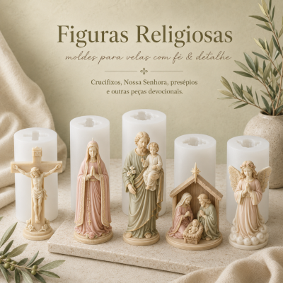 Figuras religiosas de resina em tons pastel com moldes brancos e planta decorativa.