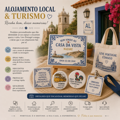 Produtos personalizados para alojamento local em Portugal exibidos numa mesa com azulejos, placas e ecobag decorativa