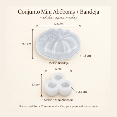 Conjunto de moldes brancos de silicone maleável, um em forma de bandeja de abóbora e outro com três mini abóboras, medidas aproximadas indicadas.