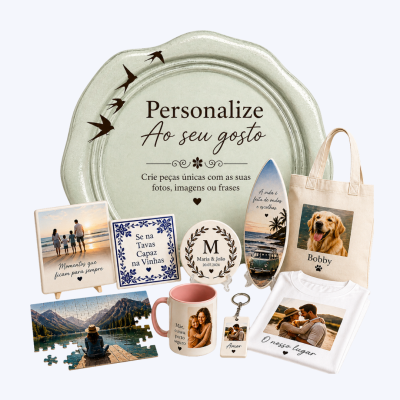 Produtos personalizáveis variados com fotos, frases em português e padrões, incluindo azulejos, puzzle, caneca, t-shirt, saco e chaveiro.