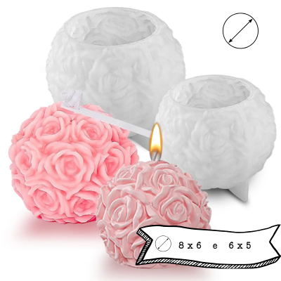 Moldes de silicone e velas esféricas com padrão de rosas em rosa e branco