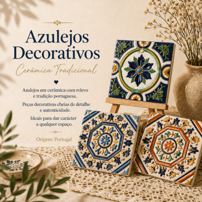 Azulejos decorativos em cerâmica tradicional com relevo e padrões florais coloridos