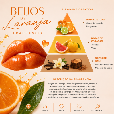 Fragrância Beijos de Laranja com pirâmide olfativa e lábios alaranjados brilhantes