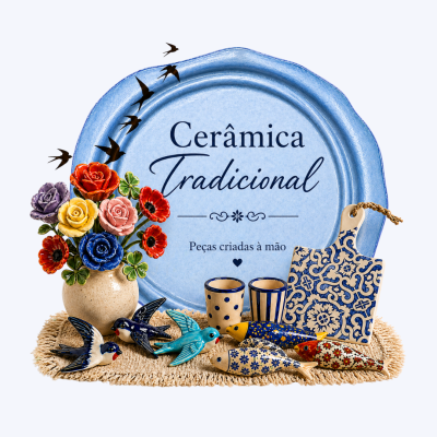 Conjunto decorativo de cerâmica tradicional com flores, pássaros, peixes, copos e tábua coloridos