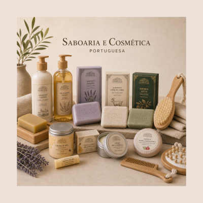 Produtos de saboaria e cosmética Essências DPortugal com embalagens e sabonetes em diversos tons naturais e acessórios de madeira sobre fundo neutro.