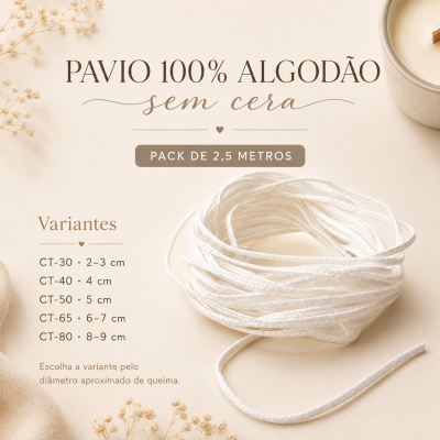 Pavio 100% algodão sem cera em embalagem com descrição de variantes e dimensões