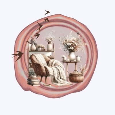 Ambiente decorativo com cadeira e flores em fundo rosa e bege