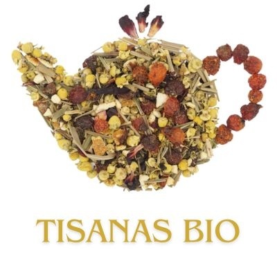 Mistura de chá em formato de bule com texto TISANAS BIO