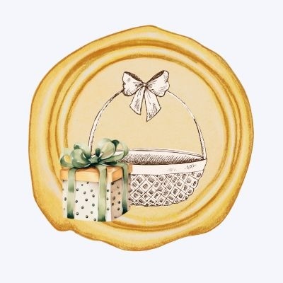 Selo dourado com desenho de cesto e caixa de presente