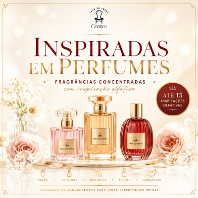 Três frascos de perfume Casa do Trono em vidro rosa, âmbar e vermelho com flores ao redor