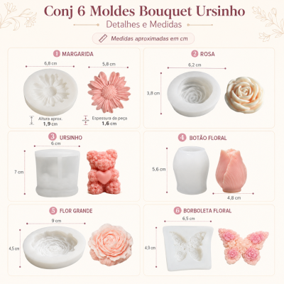 6 moldes de silicone branco para flores e ursinho com dimensões indicadas.