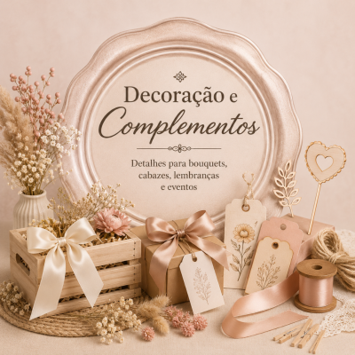 Conjunto de decoração e complementos com flores secas, fitas cor de rosa, etiquetas decoradas, caixas de madeira e presente