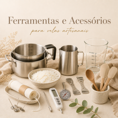 Ferramentas e acessórios para velas artesanais em aço inox, vidro e madeira com termómetros e materiais em fundo bege